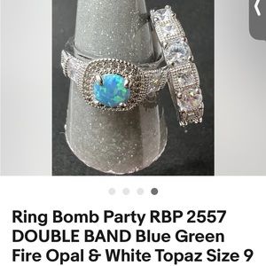 Ring bomb party blue green Opal and white topaz double band